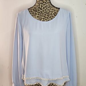 Lush Light Blue Long Sleeve Blouse with Crochet Trim